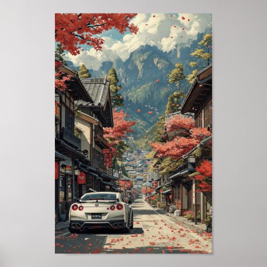 Japanese Autumn Street with Sports Car Poster ポスター (正面)