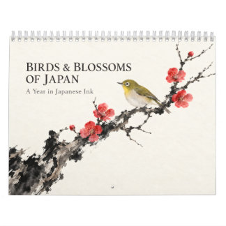 Japanese Birds and Blossoms Sumi-e Ink Art カレンダー