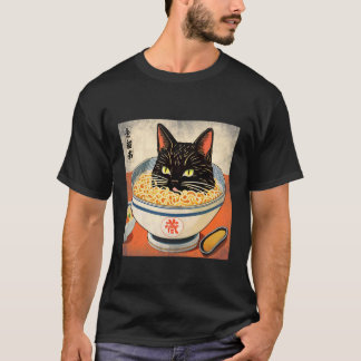 Japanese Black Cat Head in A Bowl of Ramen for Cat Tシャツ
