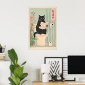 Japanese Black Cat on Toilet Print Funny Bathroom ポスター (ホームオフィス)