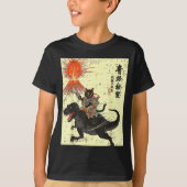 Japanese Black Cat On Trex Funny Ukiyo-e Boys Kids Tシャツ (正面)