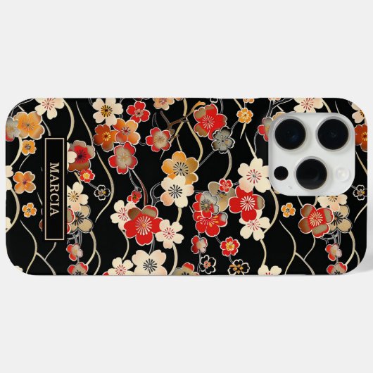 Japanese Black Floral Pattern Monogrammed Case-Mate iPhoneケース (裏面 (横))