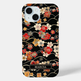 Japanese Black Floral Pattern Monogrammed iPhone 15ケース