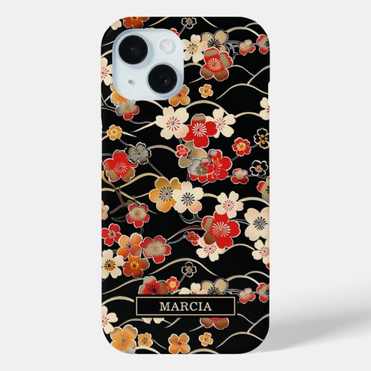 Japanese Black Floral Pattern Monogrammed Case-Mate iPhoneケース (裏面)