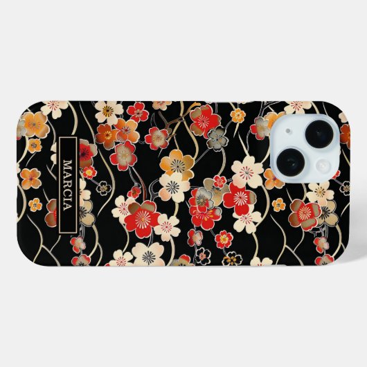 Japanese Black Floral Pattern Monogrammed Case-Mate iPhoneケース (裏面 (横))