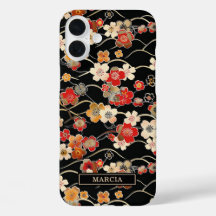 Japanese Black Floral Pattern Monogrammed