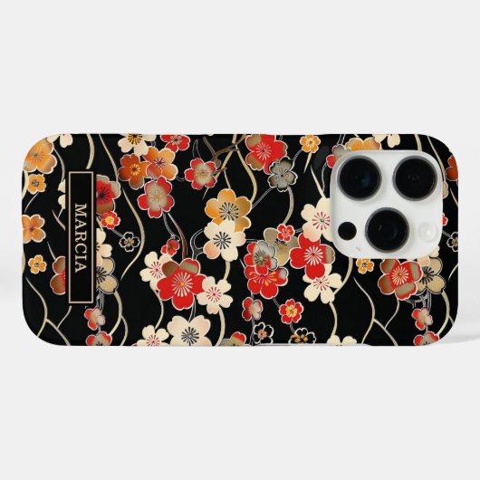 Japanese Black Floral Pattern Monogrammed Case-Mate iPhoneケース (裏面 (横))