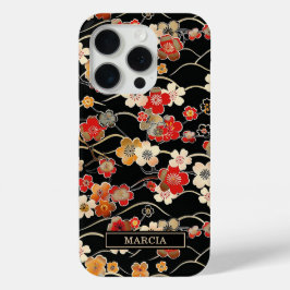 Japanese Black Floral Pattern Monogrammed iPhone 15 Proケース