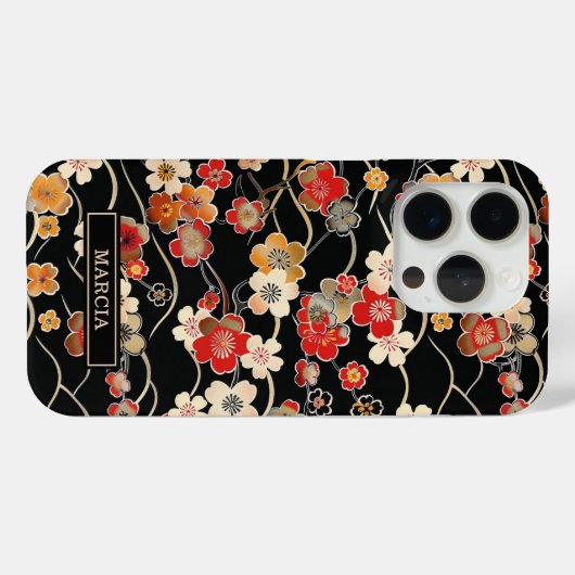 Japanese Black Floral Pattern Monogrammed Case-Mate iPhoneケース (裏面 (横))