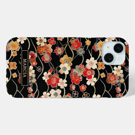 Japanese Black Floral Pattern Monogrammed Case-Mate iPhoneケース (裏面 (横))