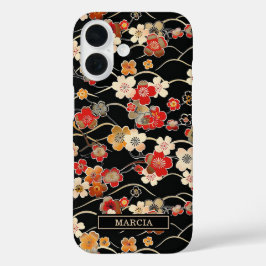 Japanese Black Floral Pattern Monogrammed iPhone 16ケース