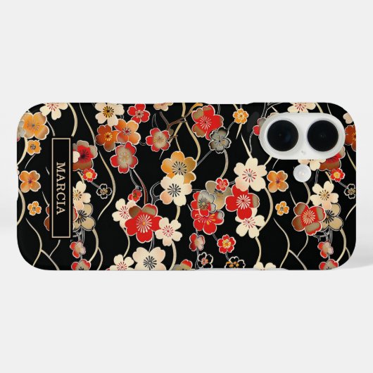 Japanese Black Floral Pattern Monogrammed Case-Mate iPhoneケース (裏面 (横))