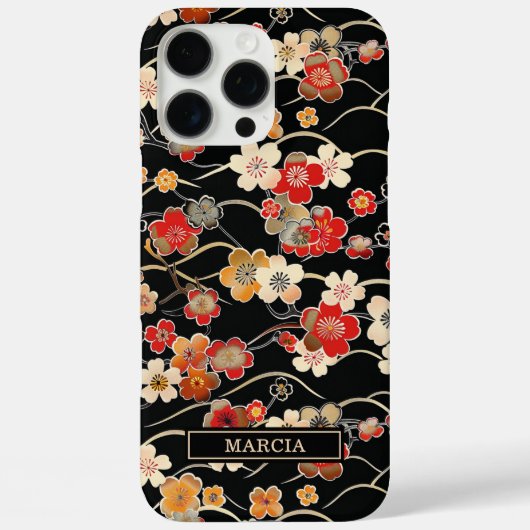 Japanese Black Floral Pattern Monogrammed Case-Mate iPhoneケース (裏面)