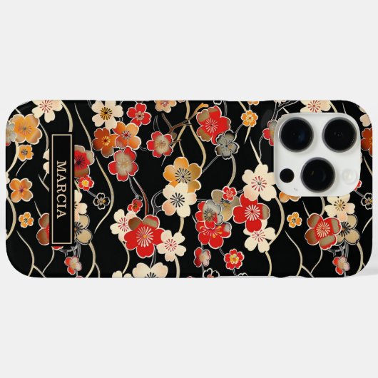 Japanese Black Floral Pattern Monogrammed Case-Mate iPhoneケース (裏面 (横))