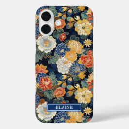 Japanese Blue Floral Pattern Monogrammed iPhone 16 Plusケース