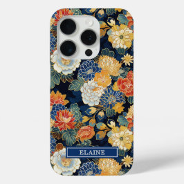 Japanese Blue Floral Pattern Monogrammed iPhone 15 Proケース