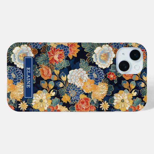 Japanese Blue Floral Pattern Monogrammed Case-Mate iPhoneケース (裏面 (横))
