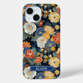 Japanese Blue Floral Pattern Monogrammed iPhone 15ケース