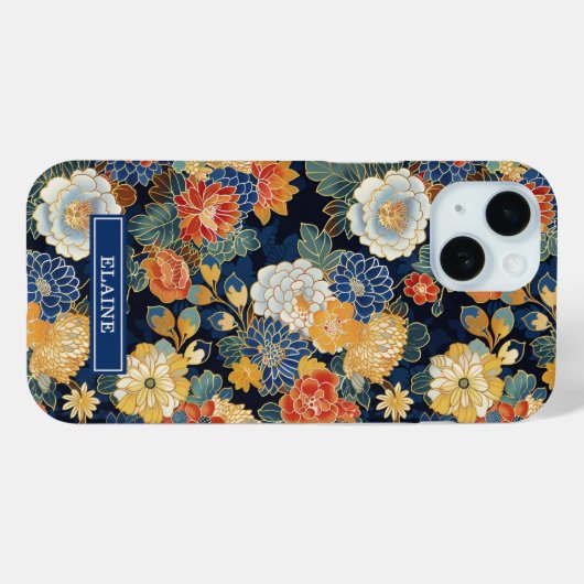 Japanese Blue Floral Pattern Monogrammed Case-Mate iPhoneケース (裏面 (横))