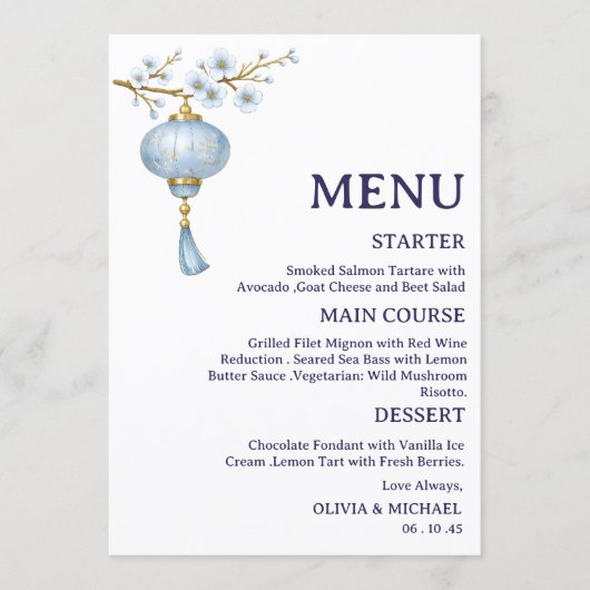 Japanese Blue Lantern Wedding Menu Card メニュー (正面)