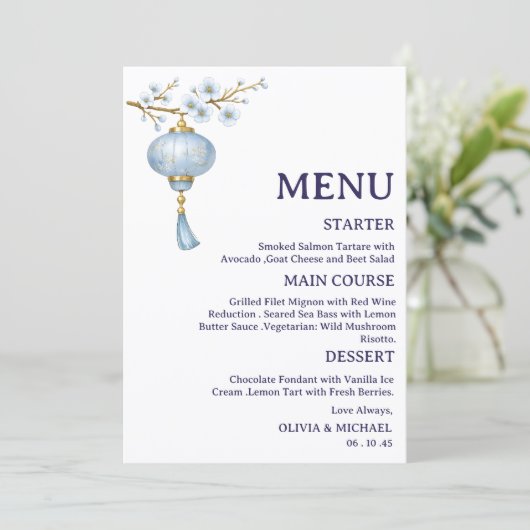 Japanese Blue Lantern Wedding Menu Card メニュー (スタンド正面)