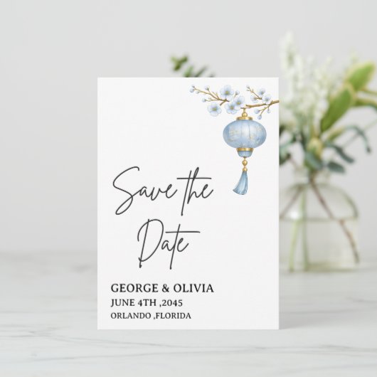 Japanese Blue Lantern Wedding Save the Date Card (スタンド正面)