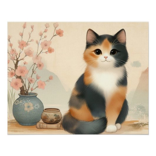 Japanese calico cat and flower ポスター (正面)