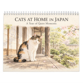 Japanese Calico Cat at Home Watercolor Art カレンダー