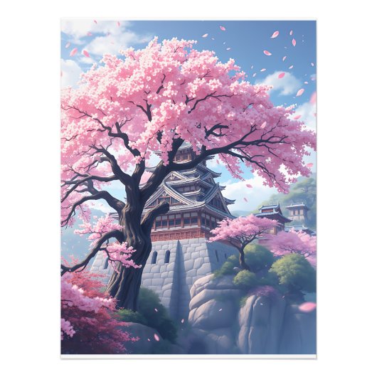 Japanese Castle in Cherry Blossom Spring – Elegant フォトプリント (正面)