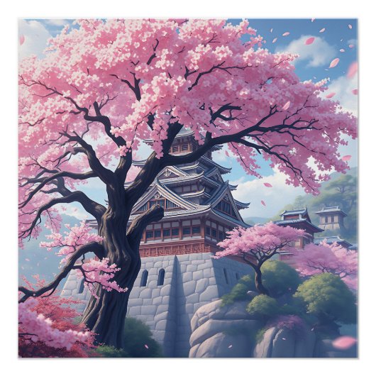 Japanese Castle in Cherry Blossom Spring – Elegant ポスター (正面)
