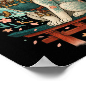 Japanese Cat Cherry Blossom Samurai Moonlight  ポスター (角)