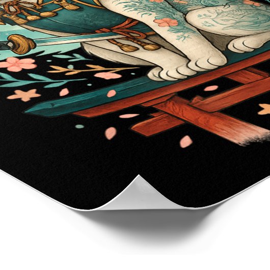 Japanese Cat Cherry Blossom Samurai Moonlight  ポスター (角)