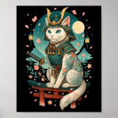 Japanese Cat Cherry Blossom Samurai Moonlight  ポスター (正面)