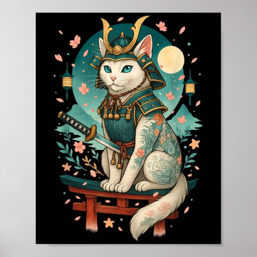 Japanese Cat Cherry Blossom Samurai Moonlight  ポスター (正面)