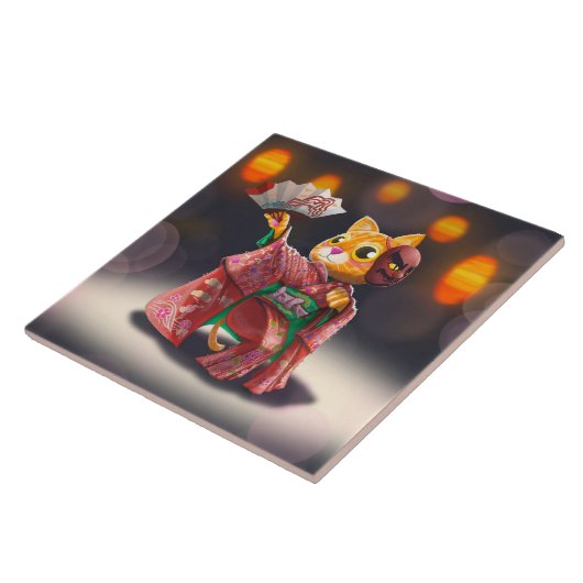 Japanese cat dancer in traditional costume  タイル (側面)