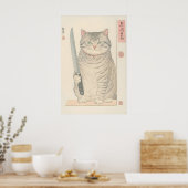 Japanese Cat Print Funny Tabby Cat with Knife ポスター (キッチン)