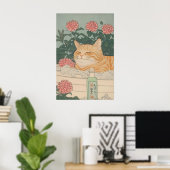 Japanese Cat Print Ginger Tabby in Bathroom ポスター (ホームオフィス)