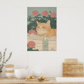 Japanese Cat Print Ginger Tabby in Bathroom ポスター (キッチン)