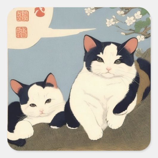 Japanese Cats Blossom Tree Sticker スクエアシール (正面)