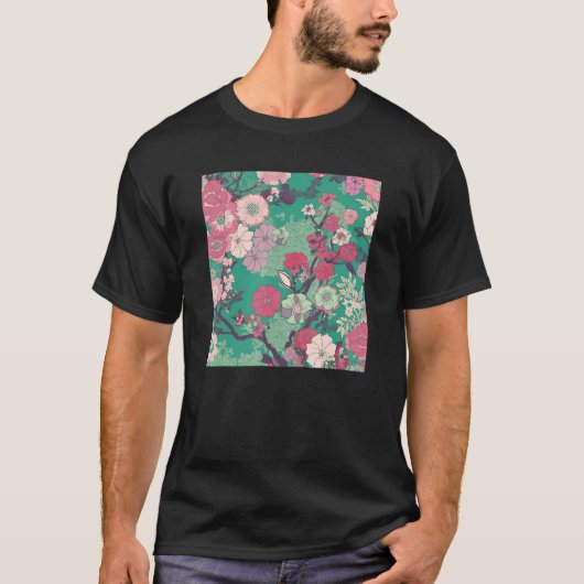 Japanese Cherry Blossom Flower Pink Sakura Floral  Tシャツ (正面)