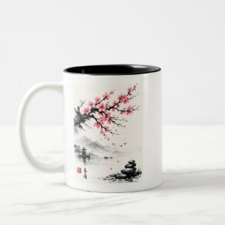 Japanese Cherry Blossom Ink Wash Painting - Zen ツートーンマグカップ