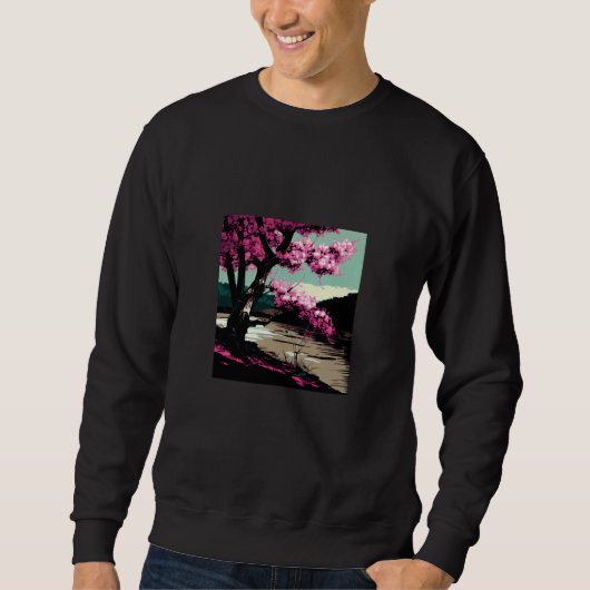 Japanese Cherry blossom next to a lake painting スウェットシャツ (正面)