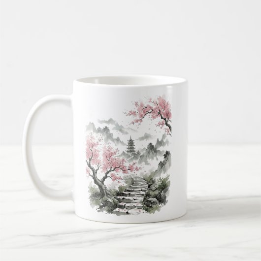 Japanese Cherry Blossom Pagoda Watercolor コーヒーマグカップ (左)