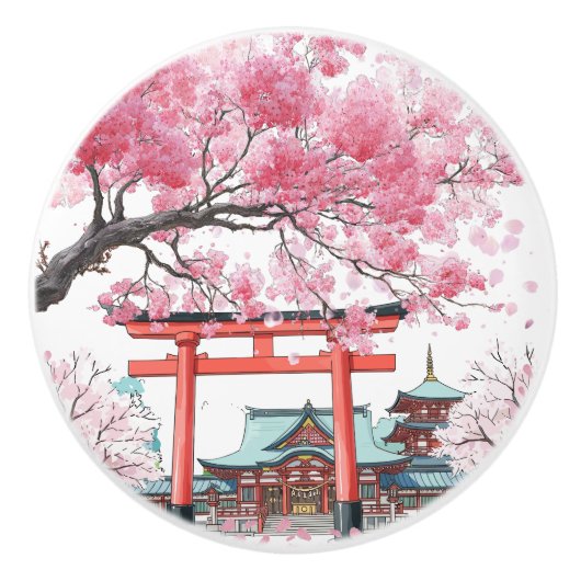 Japanese Cherry Blossom Sakura Floral Drawer Pull セラミックノブ (正面)