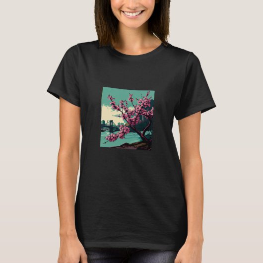 Japanese Cherry Blossom tree river suspension brid Tシャツ (正面)
