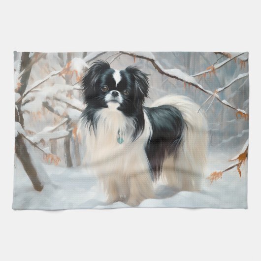 Japanese Chin 雪が降るクリスマス キッチンタオル (横)
