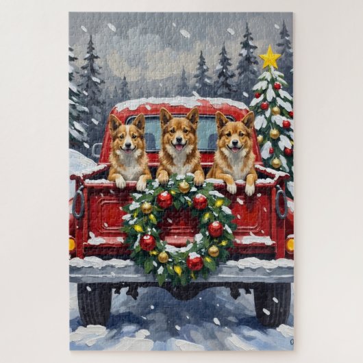 Japanese Chin Christmas Red Truck Holiday ジグソーパズル (縦)