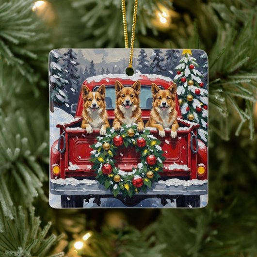 Japanese Chin Christmas Red Truck Holiday セラミックオーナメント (ツリー)