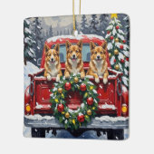 Japanese Chin Christmas Red Truck Holiday セラミックオーナメント (左)
