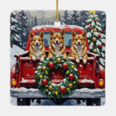 Japanese Chin Christmas Red Truck Holiday セラミックオーナメント (裏面)